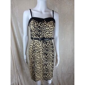 Y2K Leopard Print Bodycon Mini Dress Black Trim Belted Spaghetti Straps